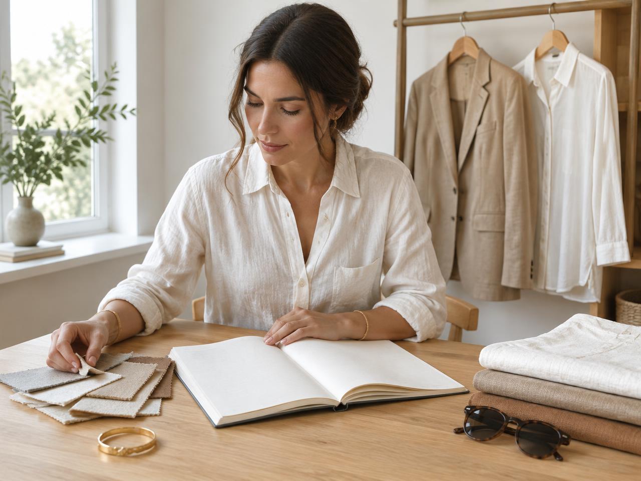 Planejamento de estilo com caderno e amostras de tecidos